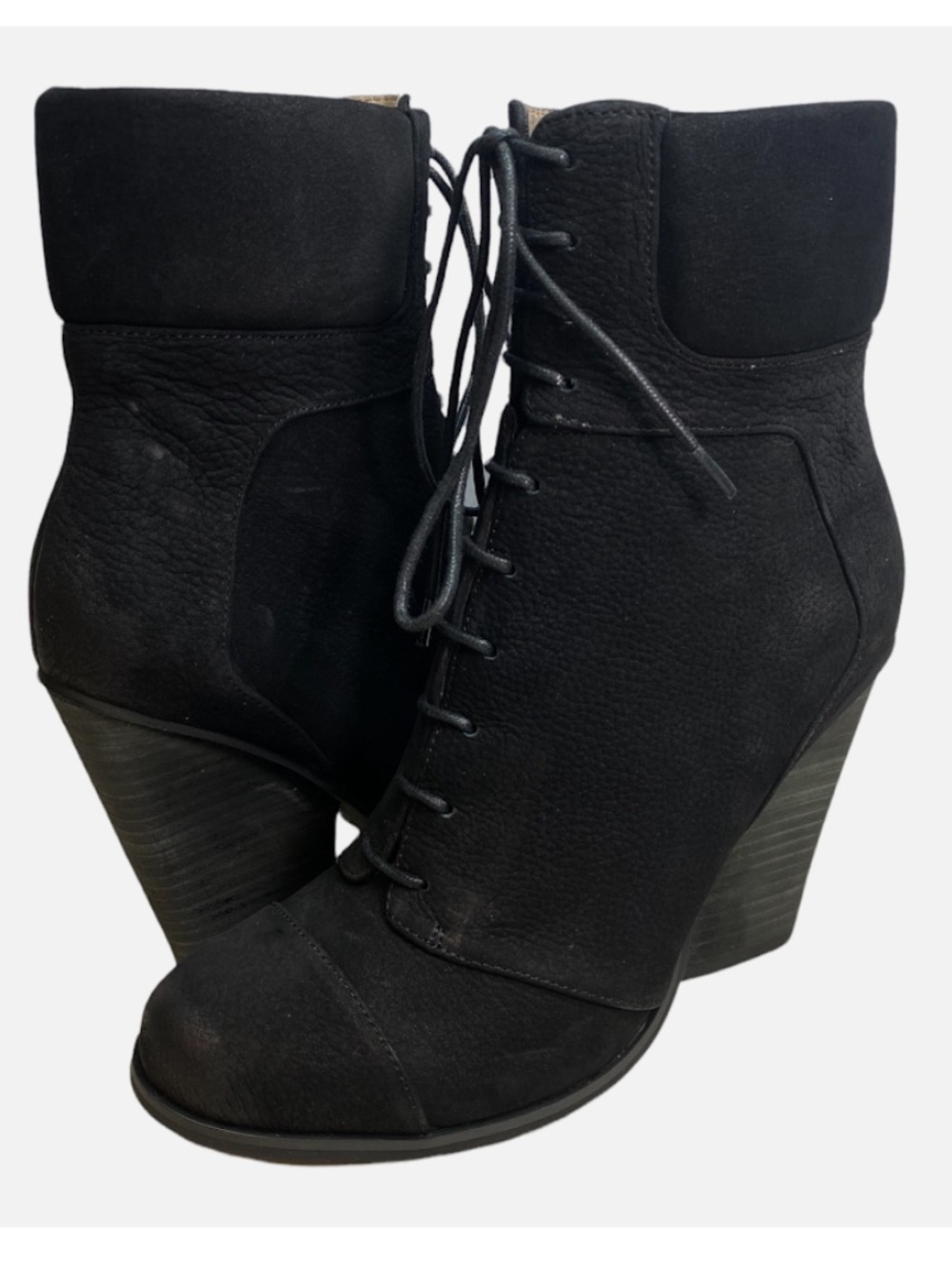 Max Studio Black Leather Lace-Up Wedge Ankle Boots 7.5